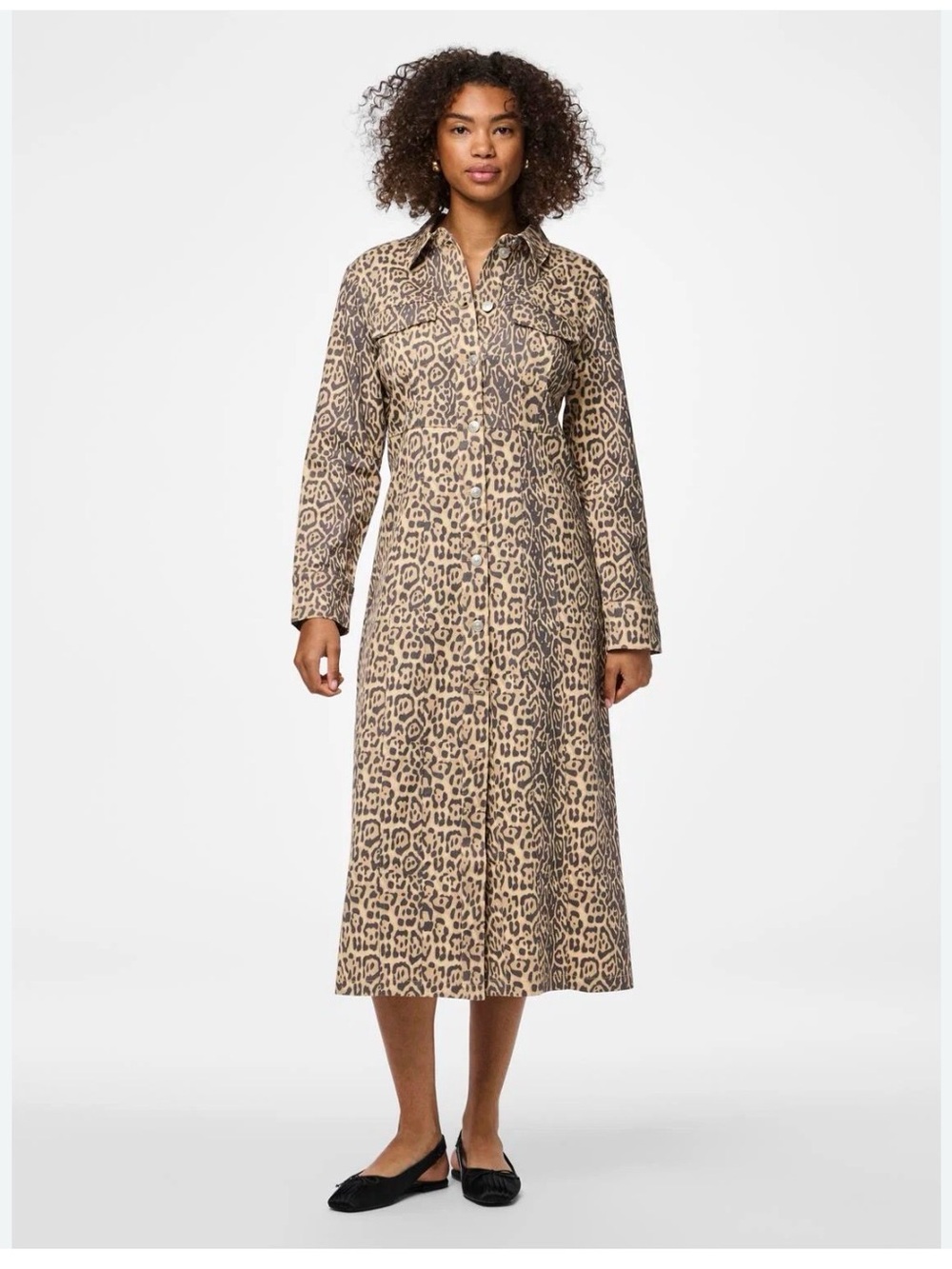 PIECES. Leopard Print Shirt Dress - Beige